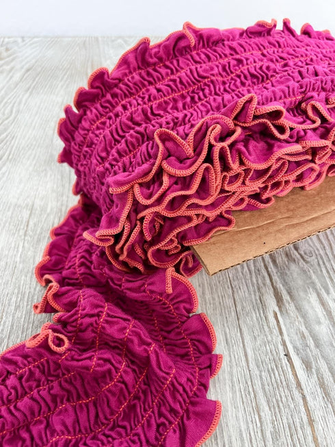 Dark Pink and Orange Rusched Knit Trim Remnant 6.5 yards ELT00314
